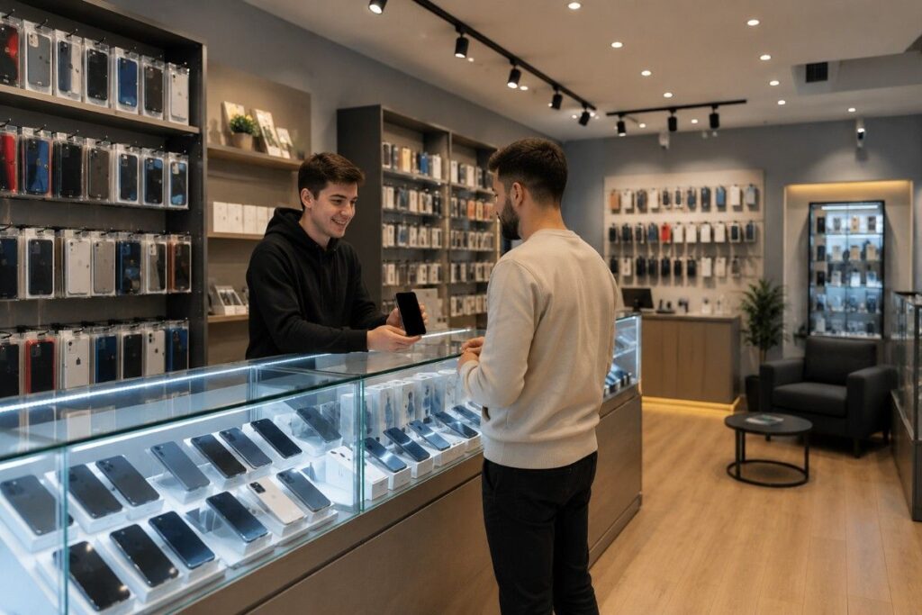 shop in which customer and shopkeeper making deal