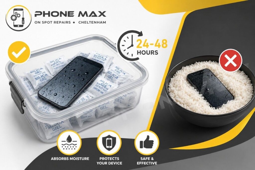 water damaged phone in silica gel packets