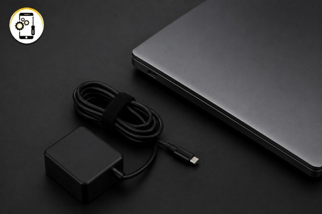 charger with cable attached and laptop