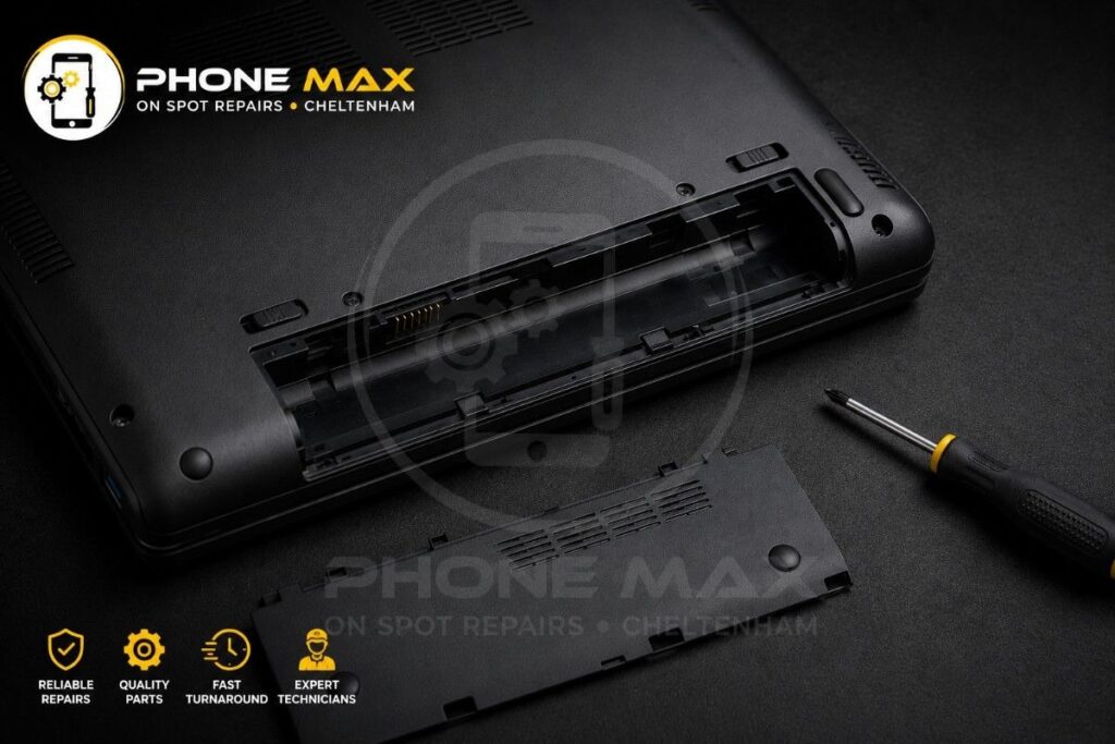 down-side of laptop and screw at phone max