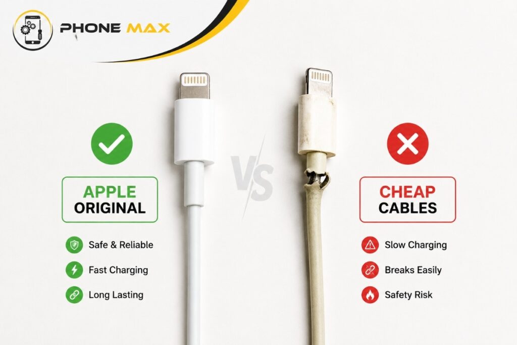 iPhone charging cable comparison MFi certified Apple cable vs faulty third party cable
