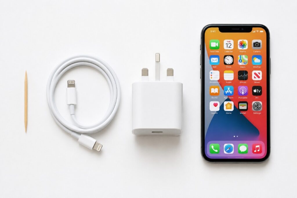 
iPhone not charging troubleshooting tools toothpick Apple cable wall adapter iPhone charging port fix Cheltenham