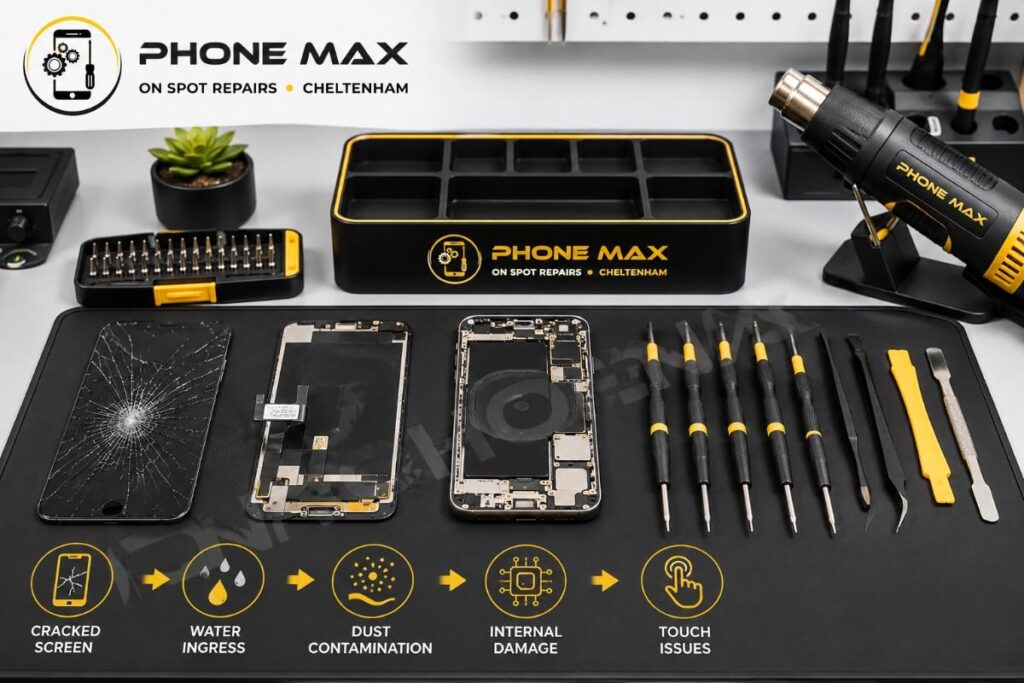 work space of Phone Max. tools for cracked screen repair