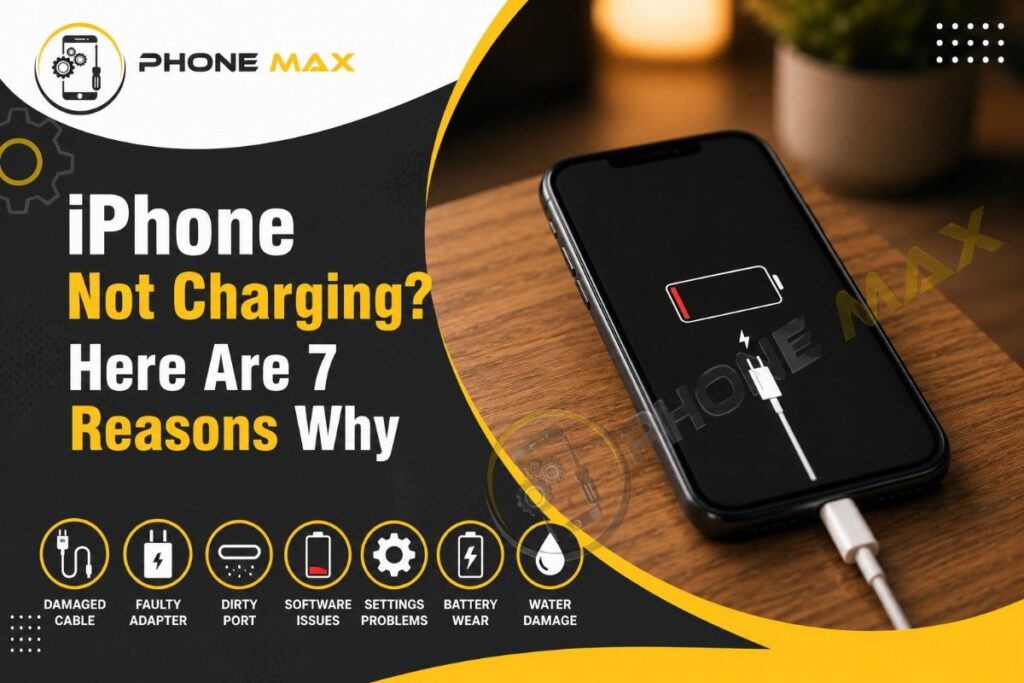iPhone not charging low battery screen plugged in with cable on wooden surface Cheltenham