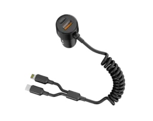 60W Dual-Port In-Car Charger With USEB-C & 8-Pin Built-in Cables