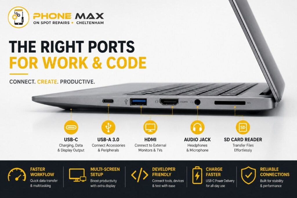 Laptop side profile showing ports for work and programming use