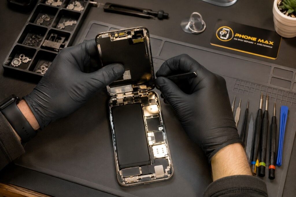 Technician repairing Face ID of iPhone in Phone Max Cheltenham