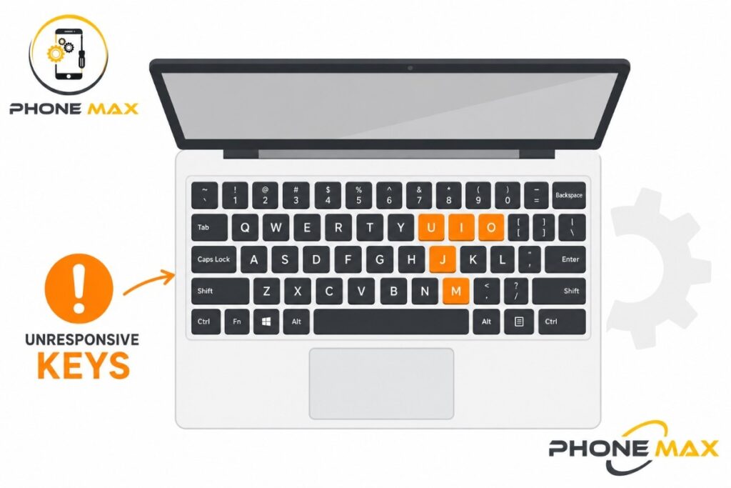 Laptop keyboard with highlighted unresponsive keys