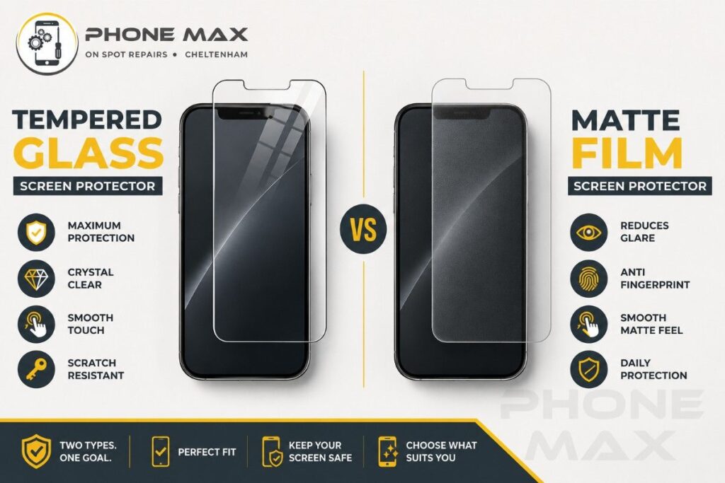 Comparison of tempered glass and matte film screen protector types