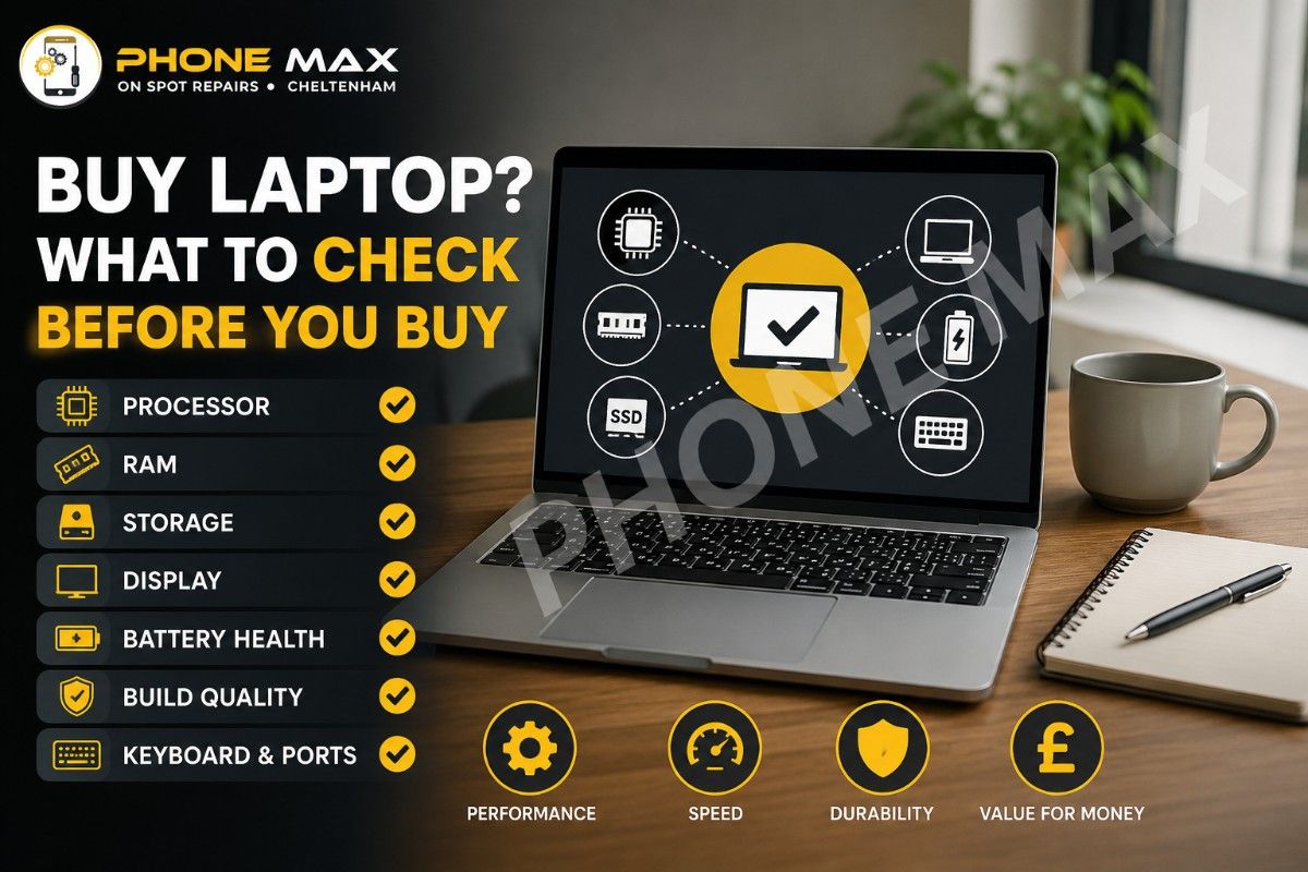 Laptop on desk representing what to check before buying a laptop